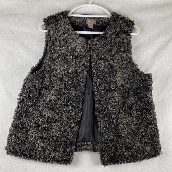 Chicos Women’s Size 1 (Medium) Grey Faux Fur Vest/Jacket | Neck Clasp Open Front - Picture 1 of 9